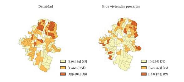 Distribuci&oacute;n espacial de la densidad poblacional y las viviendas precarias