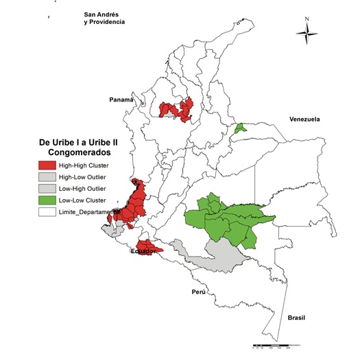 Concentración espacial de las zonas con elevadas extensiones erradicadas y con grandes plantaciones de arbusto de coca entre las administraciones de Uribe I a Uribe II