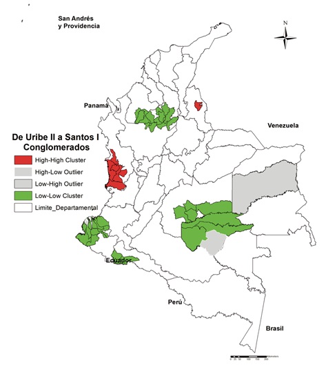 Concentración espacial de las zonas con elevadas extensiones erradicadas y con grandes plantaciones de arbusto de coca entre las administraciones de Uribe II a Santos I