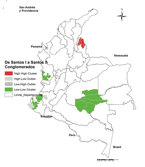 Concentración espacial de las zonas con elevadas extensiones erradicadas y con grandes plantaciones de arbusto de coca entre las administraciones de Santos I a Santos II