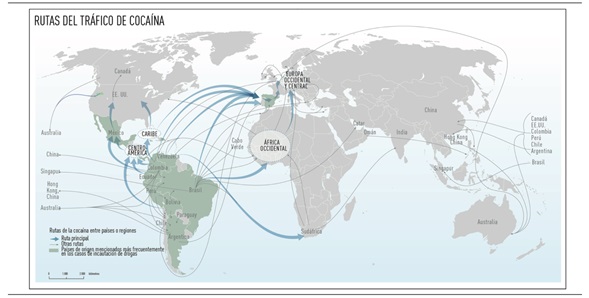 Principales flujos de cocaína en el mundo, 2011-2015