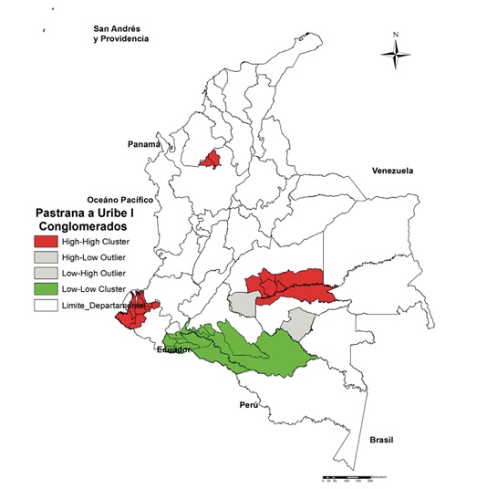 Concentración espacial de las zonas con elevadas extensiones erradicadas y con grandes plantaciones de arbusto de coca entre las administraciones de Pastrana a Uribe I