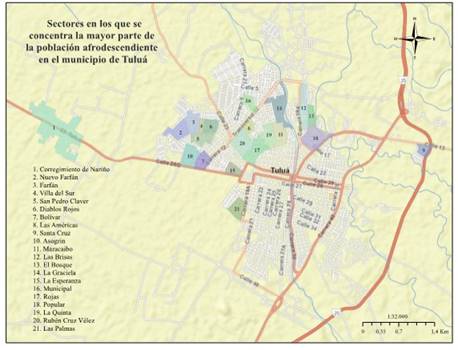 Zonas en las que se concentra la mayor parte de población afrodescendiente en el municipio de Tuluá
