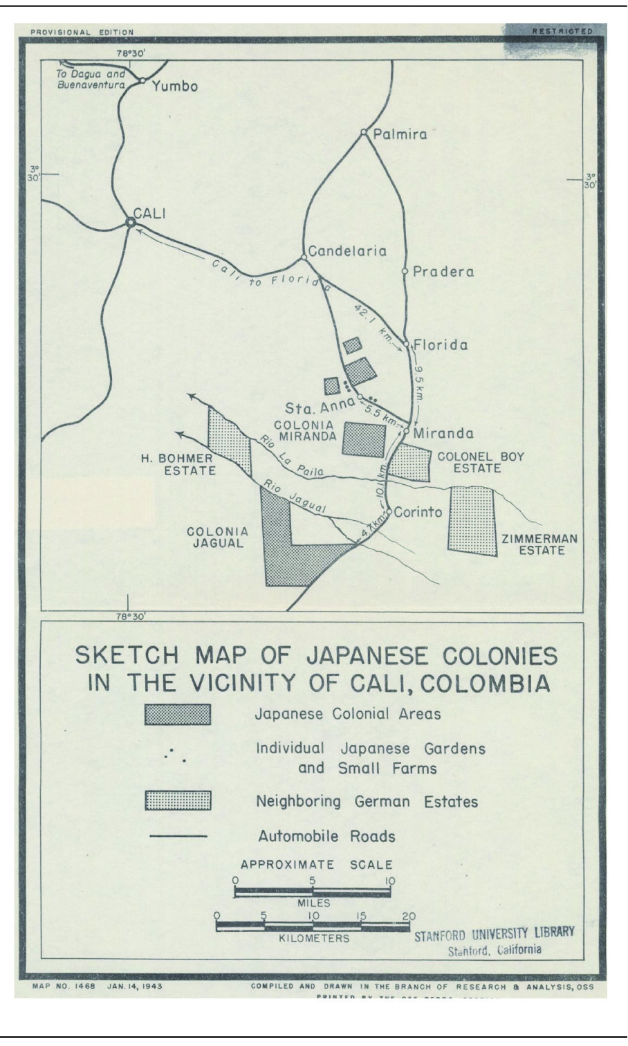 Mapa sobre colonias japonesas cercanas a Cali (1943)