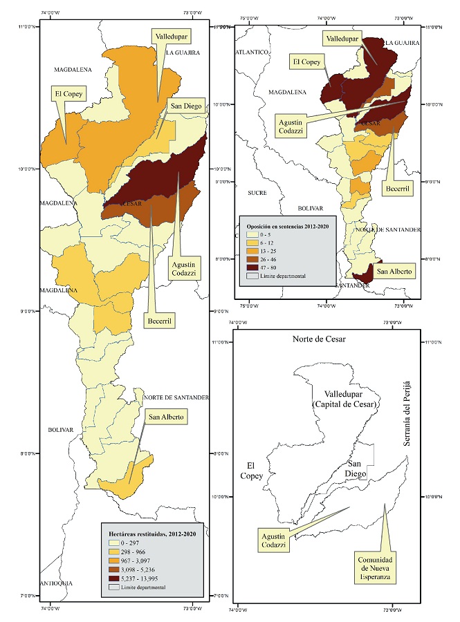 Cifras de restituci&oacute;n en el departamento de Cesar y localizaci&oacute;n de Agust&iacute;n Codazzi