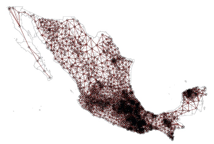 Red de conexi&oacute;n entre municipios y sus vecinos en M&eacute;xico