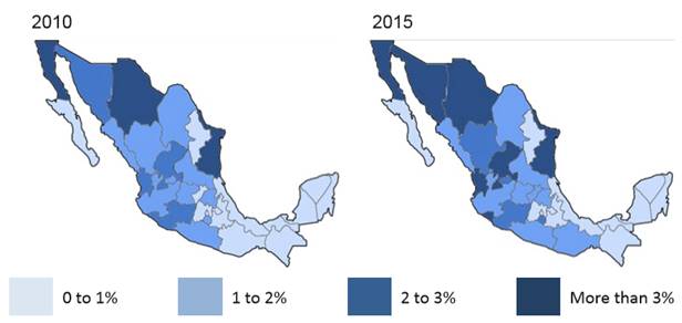 Mexico maps of US-born child returnee density by state 2010 and 2015