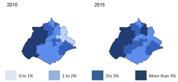 Aguascalientes municipality maps of US-born child returnee density —2010 and 2015