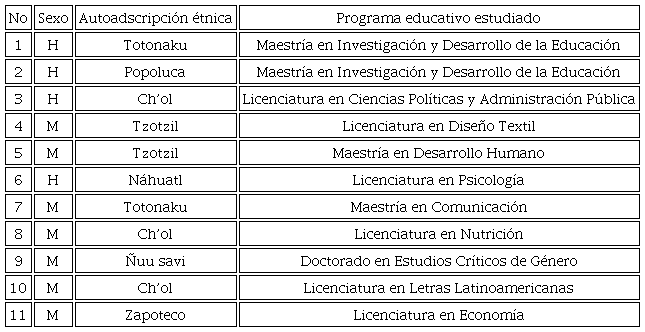 Sexo, autoadscripción étnica, nivel y programa de estudios cursados en la Ibero de las personas entrevistadas